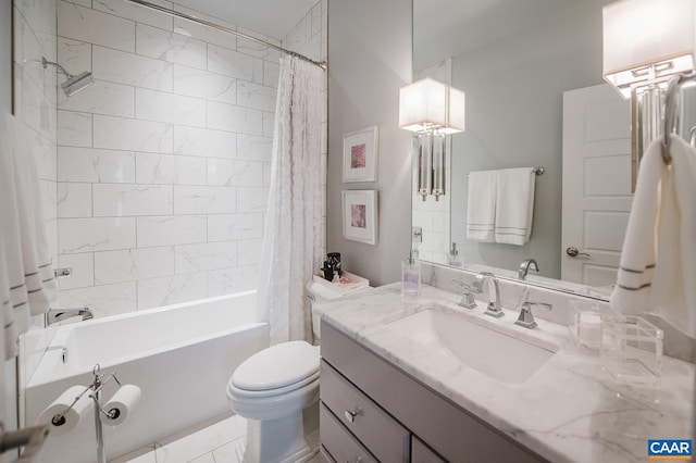 full bathroom with toilet, vanity, and shower / bath combination with curtain