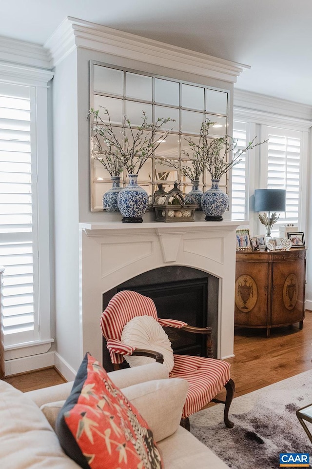 living area with wood finished floors, a fireplace, ornamental molding, and a healthy amount of sunlight