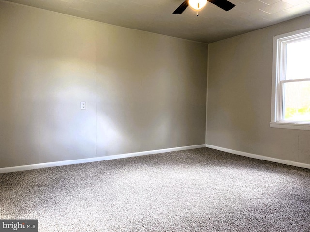 spare room with carpet, a ceiling fan, baseboards, and a wealth of natural light