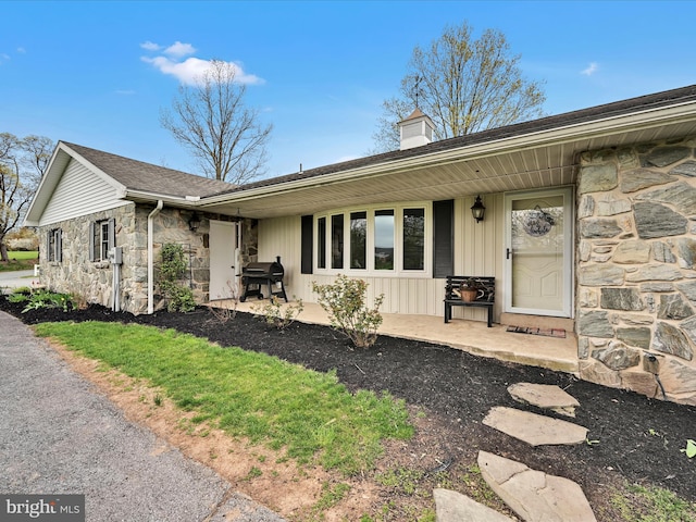 exterior space with stone siding and a chimney