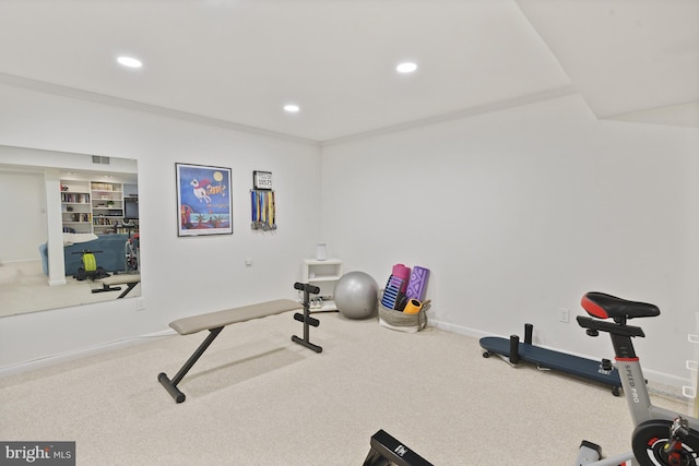 workout room featuring baseboards, carpet, and recessed lighting
