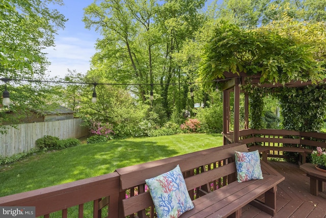 wooden deck featuring a yard and fence