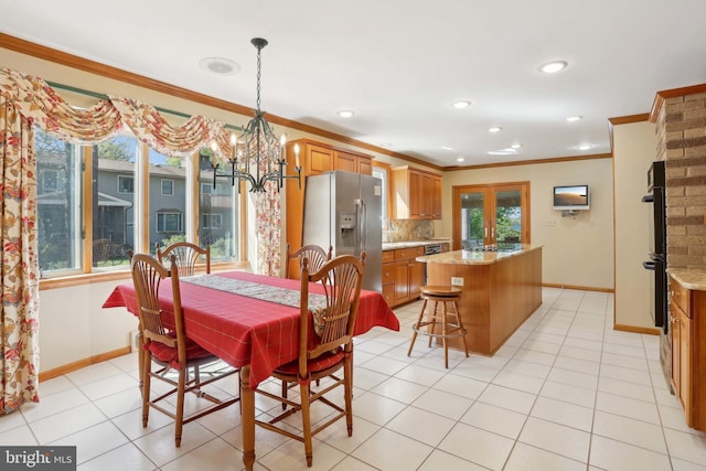 dining area with ornamental molding, a chandelier, baseboards, recessed lighting, and light tile patterned flooring