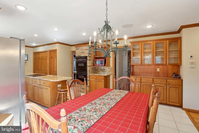 dining room with a chandelier, ornamental molding, recessed lighting, baseboards, and light tile patterned flooring