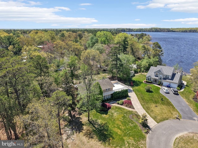 view of subject property featuring a nearby body of water and a forest