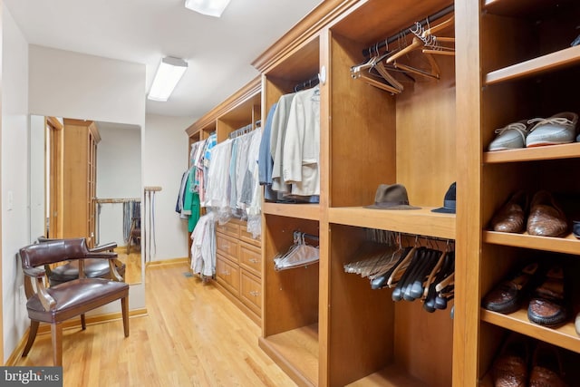 walk in closet with light wood finished floors