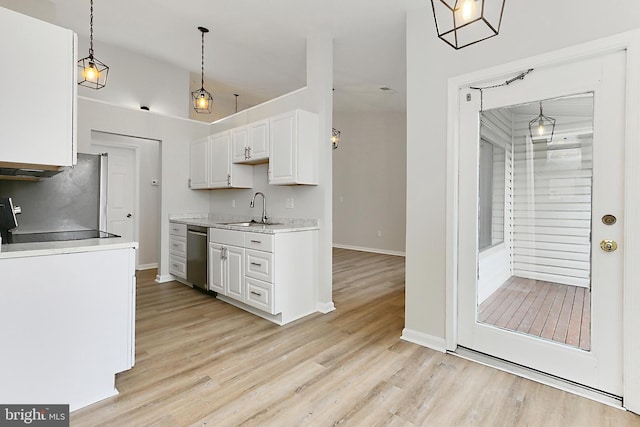 9552 Cannoneer Ct Unit 403, Manassas, VA 20110 - kitchen featuring a sink, stainless steel dishwasher, white cabinetry, light wood-style flooring, and light countertops