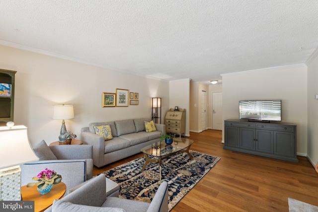 living room with a textured ceiling, ornamental molding, and light wood-type flooring