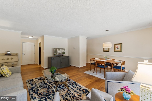 living area with crown molding, a textured ceiling, and wood finished floors