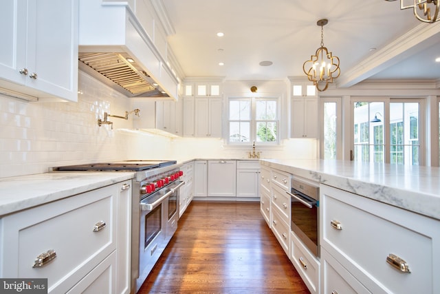 13 Sugarvale Way, Lutherville Timonium, MD 21093 - kitchen with an inviting chandelier, backsplash, appliances with stainless steel finishes, custom exhaust hood, and white cabinetry
