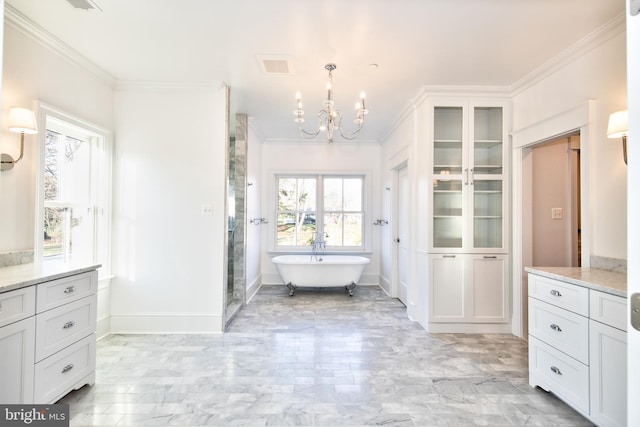 13 Sugarvale Way, Lutherville Timonium, MD 21093 - full bathroom featuring a shower stall, an inviting chandelier, ornamental molding, and visible vents