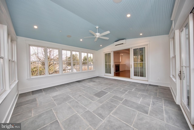 13 Sugarvale Way, Lutherville Timonium, MD 21093 - unfurnished sunroom with recessed lighting, vaulted ceiling, baseboards, and a wall unit AC