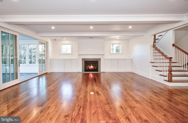 13 Sugarvale Way, Lutherville Timonium, MD 21093 - unfurnished living room featuring wood finished floors, beamed ceiling, and a fireplace