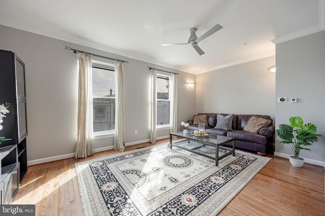 2331 Cambridge Walk, Baltimore, MD 21224 - living room with light wood-type flooring, baseboards, ceiling fan, and crown molding