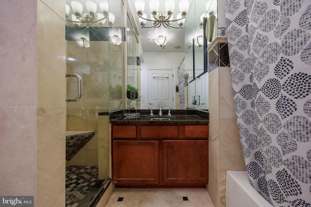 2331 Cambridge Walk, Baltimore, MD 21224 - full bathroom featuring a tub, vanity, an inviting chandelier, and a shower with shower door