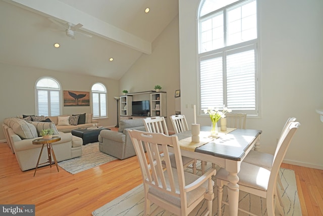 dining space featuring beam ceiling, high vaulted ceiling, light wood-type flooring, ceiling fan, and recessed lighting