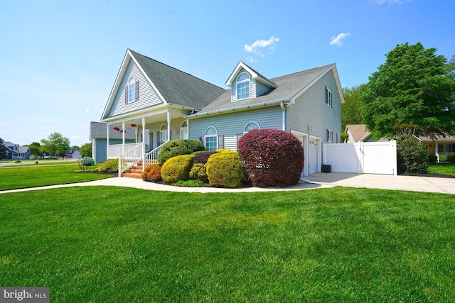 view of front facade featuring driveway, covered porch, a garage, a gate, and a shingled roof