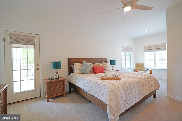 bedroom featuring light colored carpet, baseboards, a ceiling fan, and recessed lighting