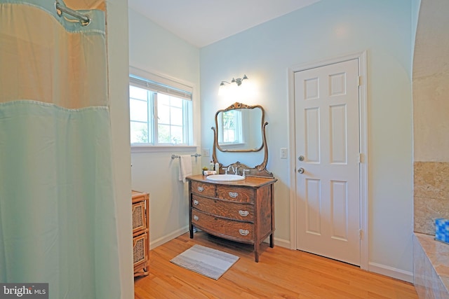 bathroom with wood finished floors and vanity