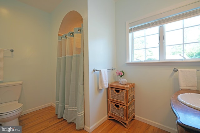 full bath featuring wood finished floors, baseboards, toilet, and vanity