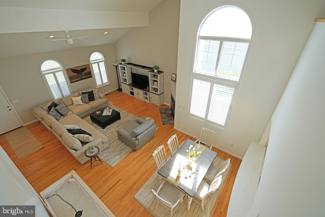 living area with wood finished floors, a ceiling fan, high vaulted ceiling, and baseboards