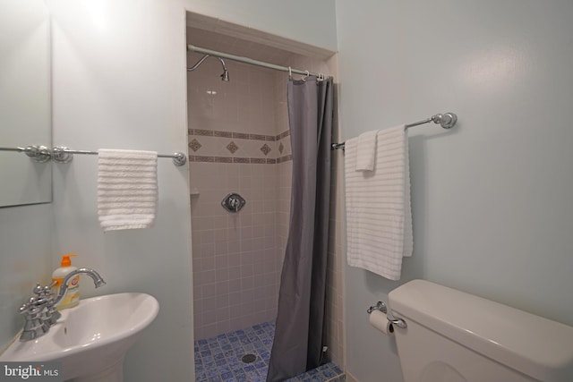 bathroom featuring a sink, a stall shower, and toilet