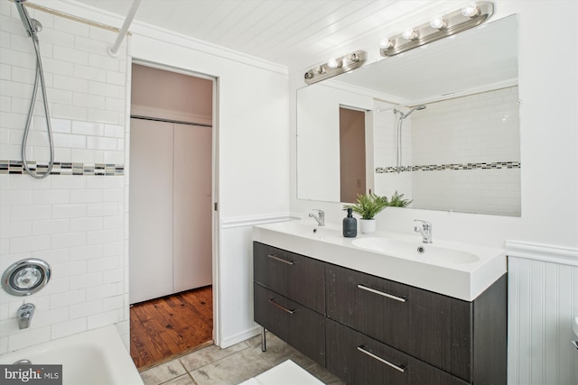6813 Chestnut Ave, Falls Church, VA 22042 - full bath with double vanity, shower / bathtub combination, a sink, and ornamental molding