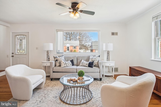6813 Chestnut Ave, Falls Church, VA 22042 - living area featuring a wealth of natural light, crown molding, wood finished floors, and visible vents