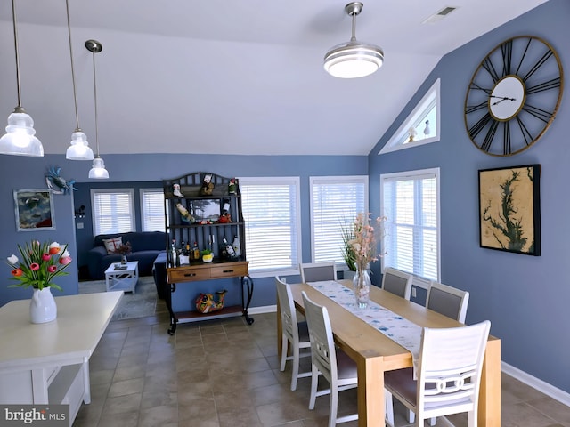 2508 Old House Point Rd, Fishing Creek, MD 21634 - tiled dining room featuring baseboards, lofted ceiling, and visible vents