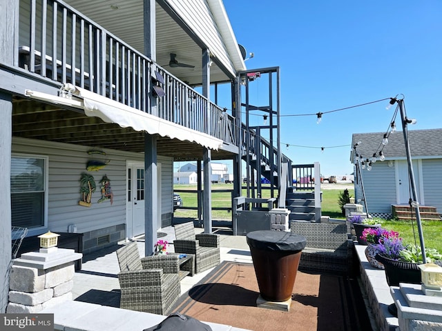 2508 Old House Point Rd, Fishing Creek, MD 21634 - view of patio / terrace featuring an outdoor living space, a ceiling fan, and stairway