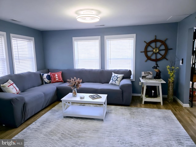 2508 Old House Point Rd, Fishing Creek, MD 21634 - living room featuring baseboards, wood finished floors, and visible vents