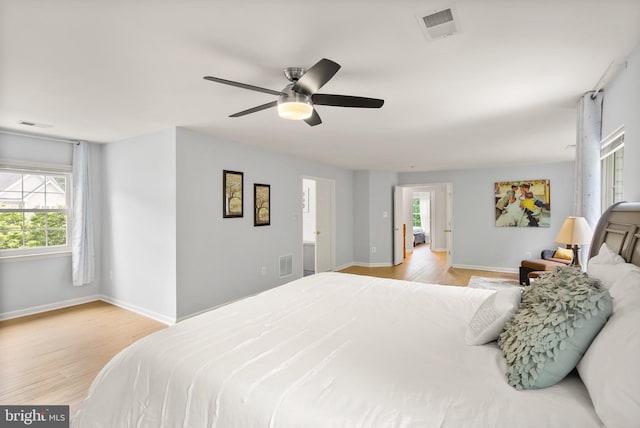 bedroom with light wood-type flooring, baseboards, and visible vents