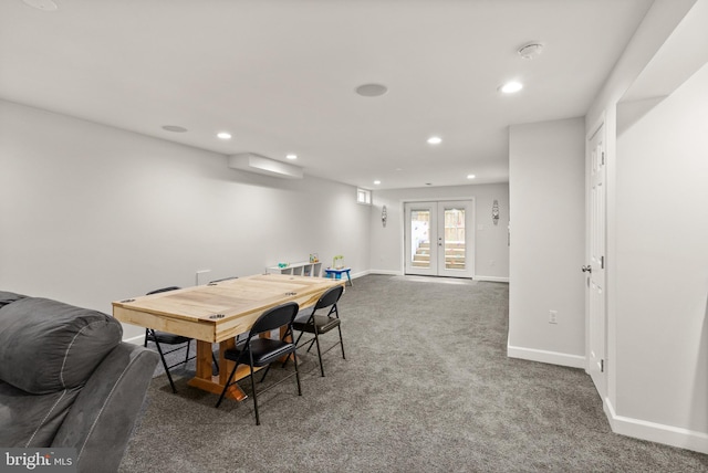 dining area with french doors, carpet, baseboards, and recessed lighting