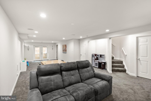 living room with stairway, carpet flooring, french doors, and recessed lighting