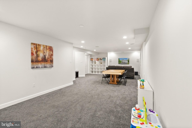 recreation room with carpet flooring, baseboards, and recessed lighting