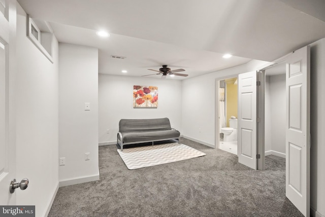 sitting room with carpet, baseboards, a ceiling fan, and recessed lighting