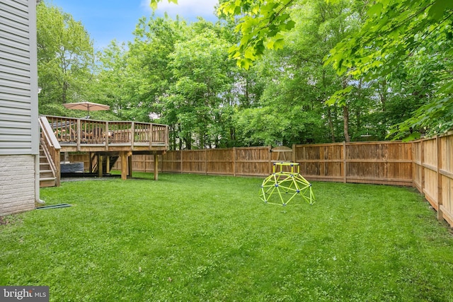 view of yard with a deck and a fenced backyard