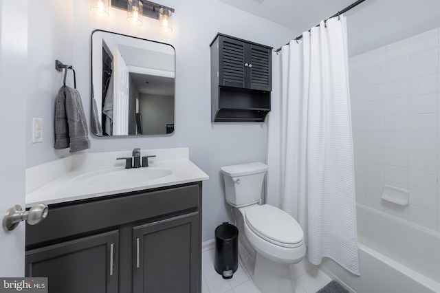 bathroom featuring shower / bath combination with curtain, tile patterned floors, vanity, and toilet