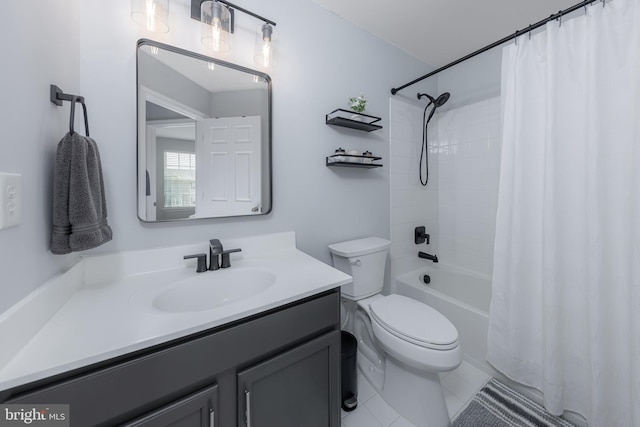 full bath featuring toilet, vanity, tile patterned floors, and shower / bathtub combination with curtain