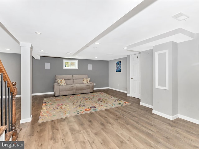 507 Kerwin Ct, Silver Spring, MD 20901 - living area with stairs, wood finished floors, baseboards, and recessed lighting