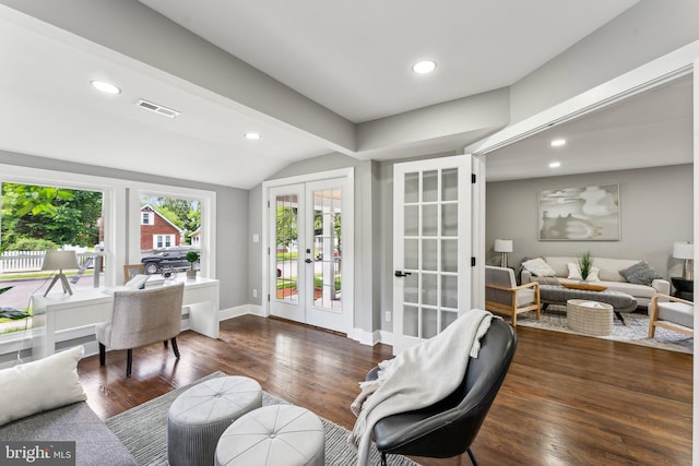 3104 Douglas St NE, Washington, DC 20018 - office space with french doors, vaulted ceiling, dark wood-style floors, recessed lighting, and baseboards