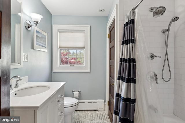 40 Treaty Elm Ln, Haddonfield, NJ 08033 - full bath featuring a shower with curtain, toilet, baseboard heating, and vanity