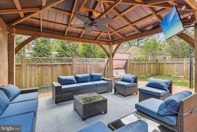 40 Treaty Elm Ln, Haddonfield, NJ 08033 - view of patio with an outdoor hangout area, a fenced backyard, a gazebo, and a ceiling fan