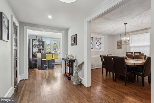 40 Treaty Elm Ln, Haddonfield, NJ 08033 - dining area with recessed lighting, a baseboard radiator, a chandelier, wood-type flooring, and baseboards