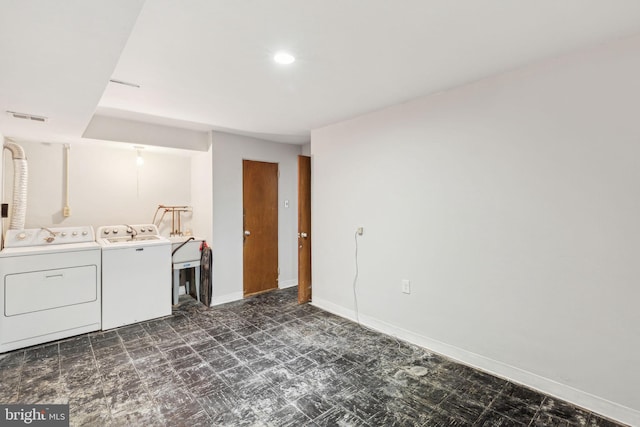 18 University Mews, Philadelphia, PA 19104 - clothes washing area with laundry area, visible vents, washing machine and clothes dryer, baseboards, and dark floors