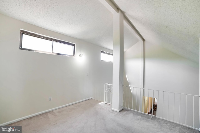 additional living space featuring a textured ceiling and carpet floors