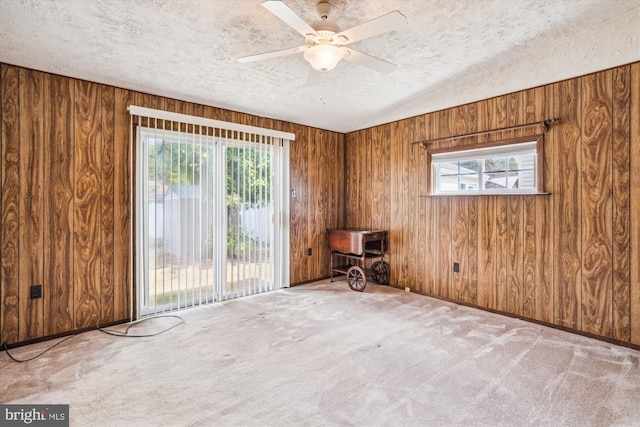 107 Bonnie View Rd, Glen Burnie, MD 21060 - carpeted spare room featuring a textured ceiling, wood walls, a ceiling fan, and vaulted ceiling