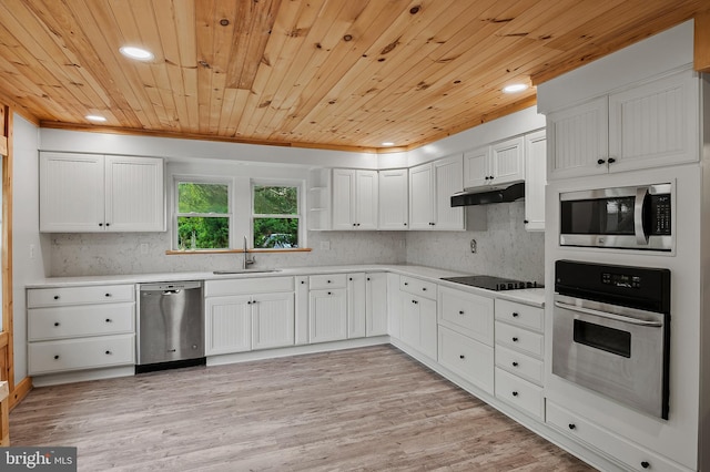 kitchen with appliances with stainless steel finishes, a sink, recessed lighting, under cabinet range hood, and light countertops
