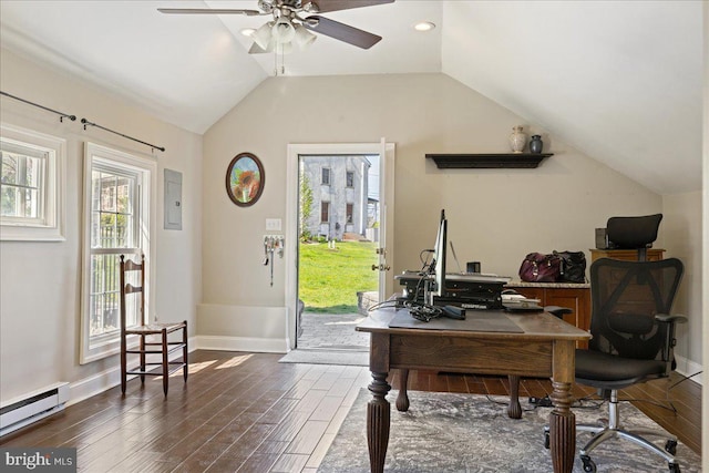 51 Cowpath Rd, Souderton, PA 18964 - office area with ceiling fan, baseboard heating, baseboards, dark wood-style flooring, and vaulted ceiling