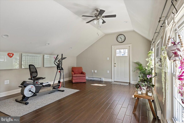 51 Cowpath Rd, Souderton, PA 18964 - workout room with baseboards, ceiling fan, dark wood-type flooring, and a baseboard radiator